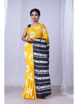 Unnati Silks - Yellow Navy Blue Pure Tie and Dye Shibori Soft Silk Saree with Unstitched Blouse