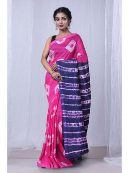 Unnati Silks - Pink Navy Blue Pure Tie and Dye Shibori Printed Soft Silk Saree with Unstitched Blouse