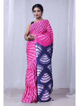Unnati Silks - Pink Navy Blue Pure Tie and Dye Shibori Printed Soft Silk Saree with Unstitched Blouse