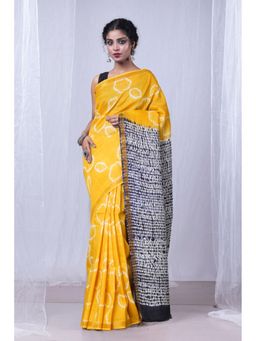 Unnati Silks - Yellow Navy Blue Pure Tie and Dye Shibori Soft Silk Saree with Unstitched Blouse