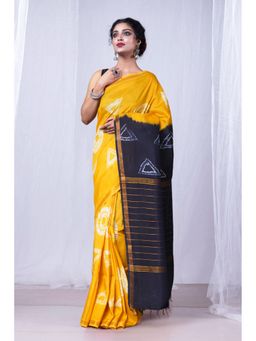 Unnati Silks - Yellow Navy Blue Pure Tie and Dye Shibori Soft Silk Saree with Unstitched Blouse