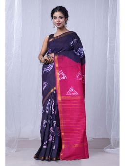 Unnati Silks - Navy Blue Pink Pure Tie and Dye Shibori Printed Soft Silk Saree with Unstitched Blouse