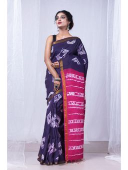 Unnati Silks - Navy Blue Pink Pure Tie and Dye Shibori Printed Soft Silk Saree with Unstitched Blouse