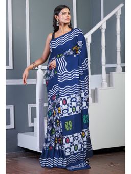Unnati Silks - Navy Blue Pure Wax Batik Printed Soft Cotton Saree with Unstitched Blouse