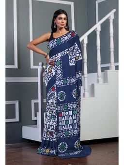 Unnati Silks - Navy Blue Pure Wax Batik Printed Soft Cotton Saree with Unstitched Blouse