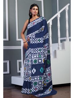 Unnati Silks - Navy Blue Pure Wax Batik Printed Soft Cotton Saree with Unstitched Blouse