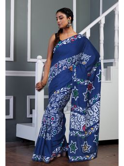 Unnati Silks - Navy Blue Pure Wax Batik Printed Soft Cotton Saree with Unstitched Blouse