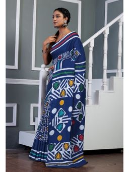 Unnati Silks - Navy Blue Pure Wax Batik Printed Soft Cotton Saree with Unstitched Blouse