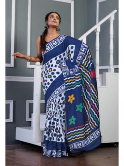 Unnati Silks - Navy Blue Pure Wax Batik Printed Soft Cotton Saree with Unstitched Blouse