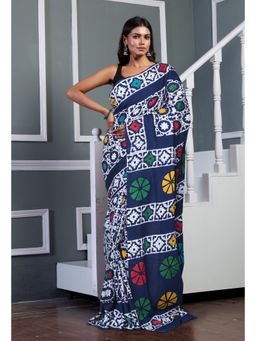 Unnati Silks - Navy Blue Pure Wax Batik Printed Soft Cotton Saree with Unstitched Blouse