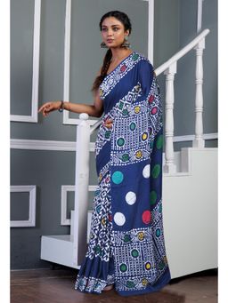 Unnati Silks - Navy Blue Pure Wax Batik Printed Soft Cotton Saree with Unstitched Blouse