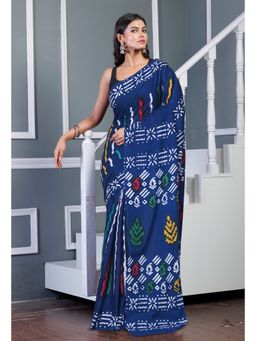 Unnati Silks - Navy Blue Pure Wax Batik Printed Soft Cotton Saree with Unstitched Blouse