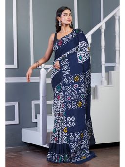 Unnati Silks - Navy Blue Pure Wax Batik Printed Soft Cotton Saree with Unstitched Blouse