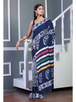 Unnati Silks - Navy Blue Pure Wax Batik Printed Soft Cotton Saree with Unstitched Blouse