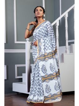 Unnati Silks - White Pure Block Printed Soft Cotton Saree with Unstitched Blouse