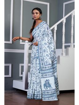Unnati Silks - White Pure Block Printed Soft Cotton Saree with Unstitched Blouse