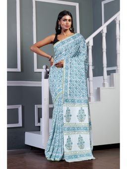 Unnati Silks - White Pure Block Printed Soft Cotton Saree with Unstitched Blouse
