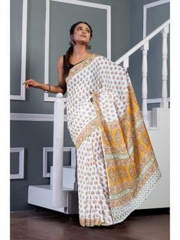 Unnati Silks - White Pure Block Printed Soft Cotton Saree with Unstitched Blouse