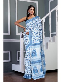 Unnati Silks - White Pure Block Printed Soft Cotton Saree with Unstitched Blouse