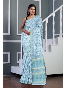 Unnati Silks - White Pure Block Printed Soft Cotton Saree with Unstitched Blouse