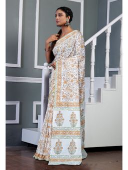 Unnati Silks - White Pure Block Printed Soft Cotton Saree with Unstitched Blouse