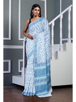 Unnati Silks - White Pure Block Printed Soft Cotton Saree with Unstitched Blouse