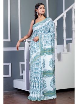 Unnati Silks - White Pure Block Printed Soft Cotton Saree with Unstitched Blouse