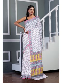 Unnati Silks - White Pure Block Printed Soft Cotton Saree with Unstitched Blouse
