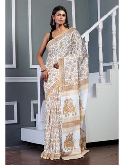Unnati Silks - White Pure Block Printed Soft Cotton Saree with Unstitched Blouse