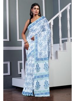 Unnati Silks - White Pure Block Printed Soft Cotton Saree with Unstitched Blouse