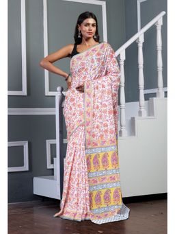 Unnati Silks - White Pure Block Printed Soft Cotton Saree with Unstitched Blouse