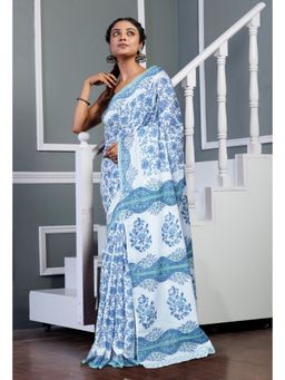 Unnati Silks - White Pure Block Printed Soft Cotton Saree with Unstitched Blouse