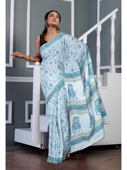 Unnati Silks - White Pure Block Printed Soft Cotton Saree with Unstitched Blouse