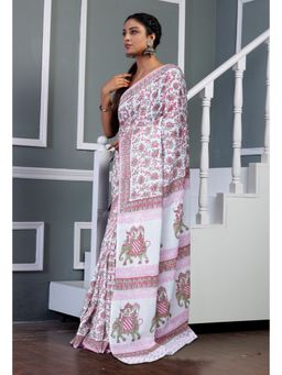 Unnati Silks - White Pure Block Printed Soft Cotton Saree with Unstitched Blouse