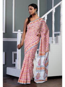 Unnati Silks - White Pure Block Printed Soft Cotton Saree with Unstitched Blouse