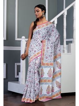Unnati Silks - White Pure Block Printed Soft Cotton Saree with Unstitched Blouse