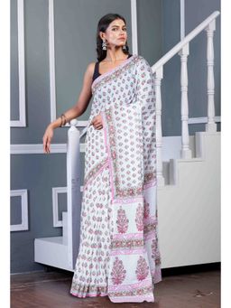Unnati Silks - White Pure Block Printed Soft Cotton Saree with Unstitched Blouse