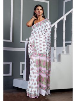 Unnati Silks - White Pure Block Printed Soft Cotton Saree with Unstitched Blouse