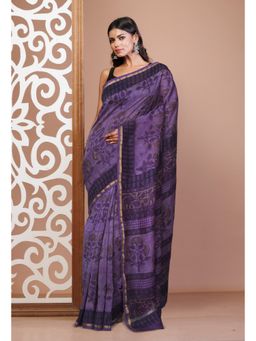 Unnati Silks - Purple Pure Vanaspati Block Printed Chanderi Sico Saree with Unstitched Blouse