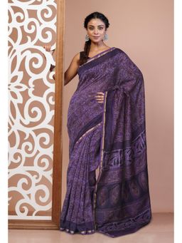 Unnati Silks - Purple Pure Vanaspati Block Printed Chanderi Sico Saree with Unstitched Blouse