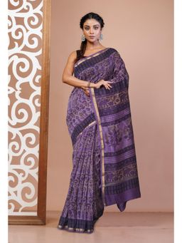 Unnati Silks - Purple Pure Vanaspati Block Printed Chanderi Sico Saree with Unstitched Blouse