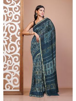 Unnati Silks - Teal Pure Vanaspati Block Printed Chanderi Sico Saree with Unstitched Blouse