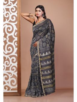 Unnati Silks - Black Pure Vanaspati Block Printed Chanderi Sico Saree with Unstitched Blouse
