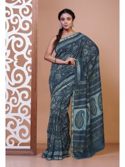 Unnati Silks - Navy Blue Pure Vanaspati Block Printed Chanderi Sico Saree with Unstitched Blouse