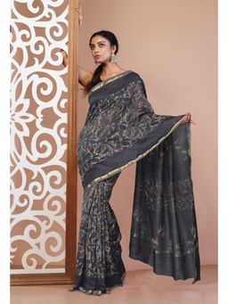 Unnati Silks - Grey Pure Vanaspati Block Printed Chanderi Sico Saree with Unstitched Blouse