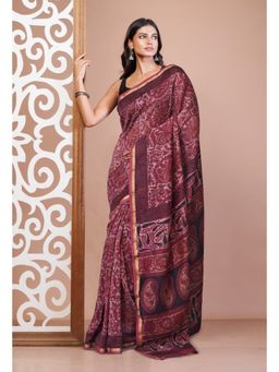 Unnati Silks - Maroon Pure Vanaspati Block Printed Chanderi Sico Saree with Unstitched Blouse