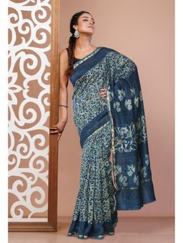Unnati Silks - Blue Pure Vanaspati Block Printed Chanderi Sico Saree with Unstitched Blouse