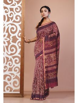 Unnati Silks - Maroon Pure Vanaspati Block Printed Chanderi Sico Saree with Unstitched Blouse