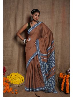 Unnati Silks - Brown Pure Applique Work Mulmul Cotton Saree with Unstitched Blouse