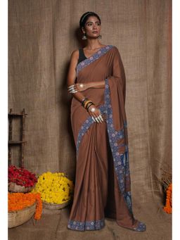Unnati Silks - Brown Pure Applique Work Mulmul Cotton Saree with Unstitched Blouse